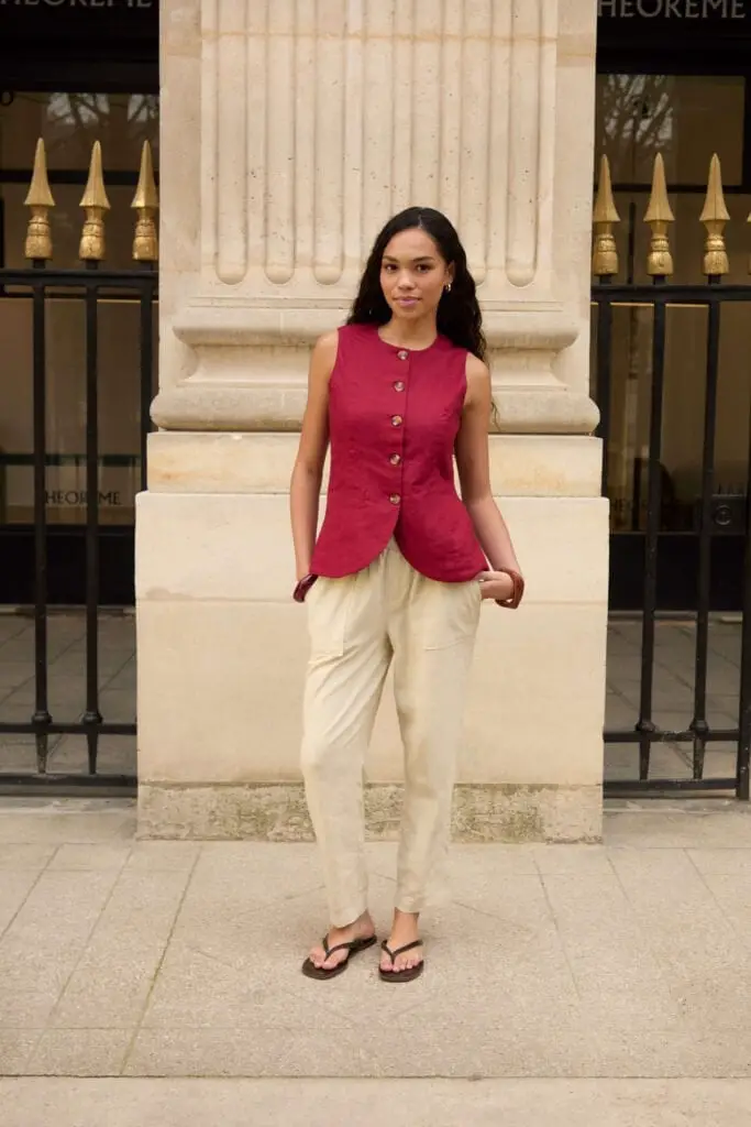 Burgundy Waistcoat Over a Long-Sleeved Shirt and Linen Trousers Burgundy Waistcoat Over a Long-Sleeved Shirt and Linen Trousers — Simple Dinner Outfits