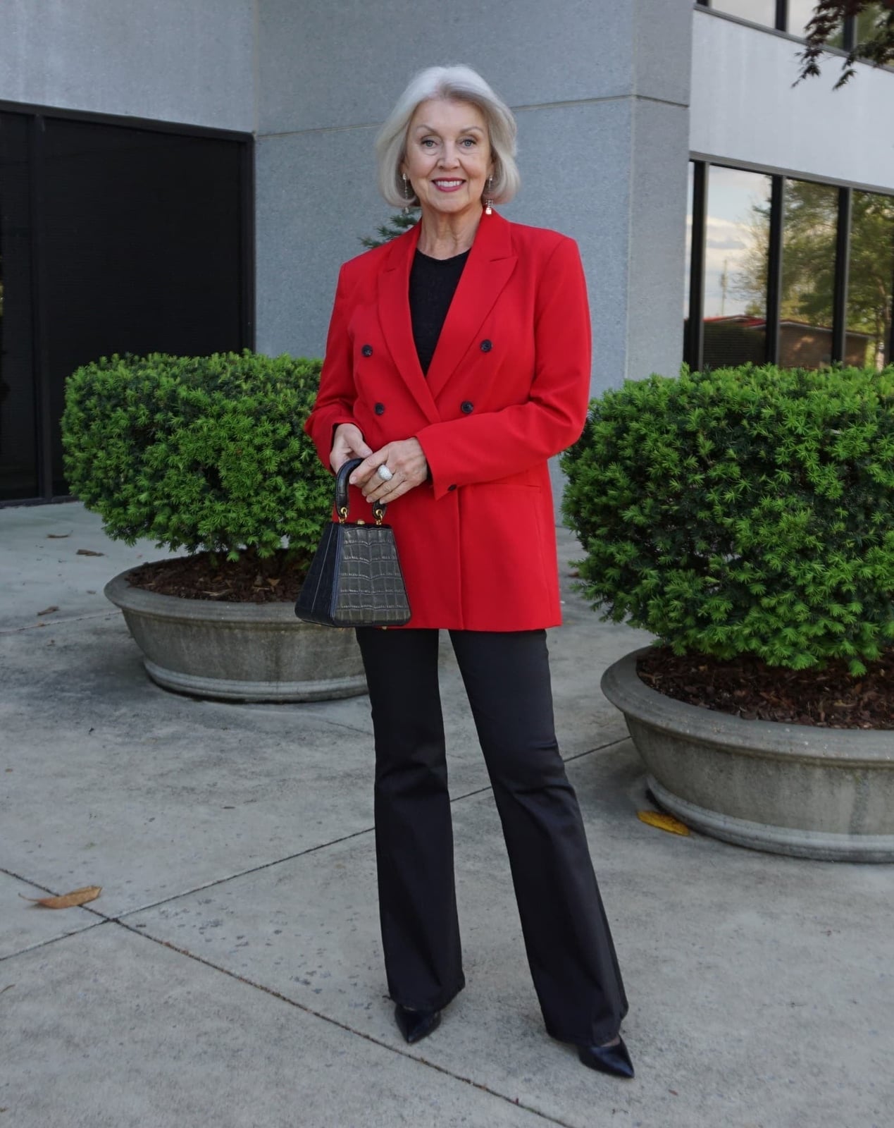 Red Double-Breasted Blazer with Black Trousers Red Double-Breasted Blazer with Black Trousers — Simple Dinner Outfits