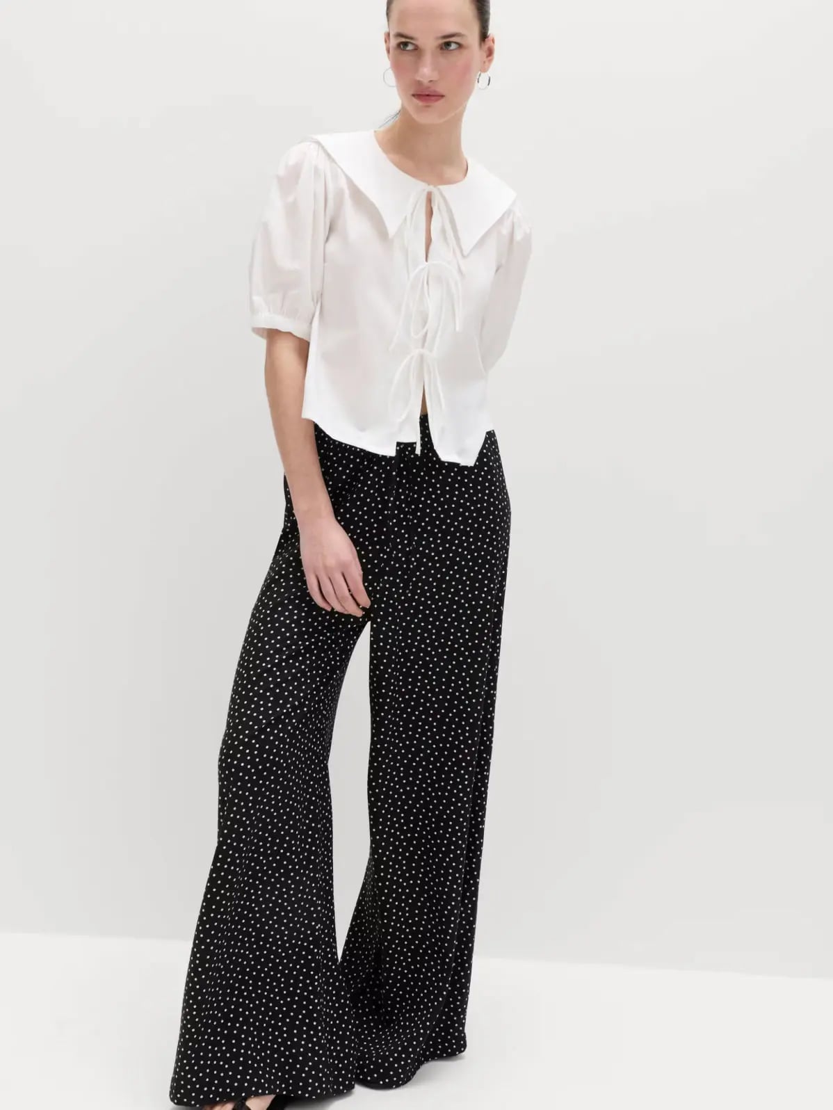 Polka Dot Wide-Leg Trousers with Tie-Neck Blouse Polka Dot Wide-Leg Trousers with Tie-Neck Blouse — Simple Dinner Outfits