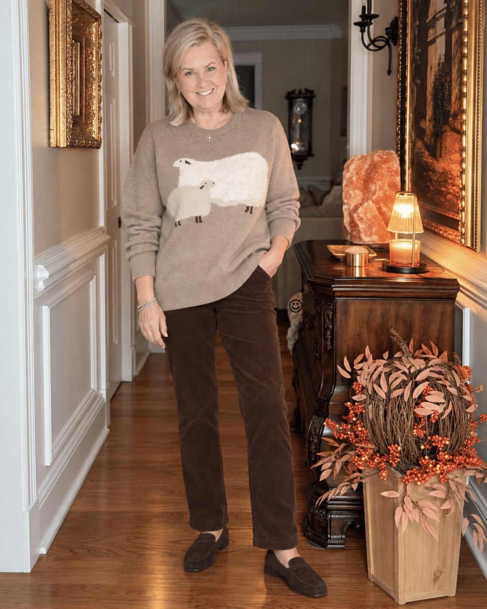 Sheep Graphic Sweater with Corduroy Trousers Sheep Graphic Sweater with Corduroy Trousers — Simple Dinner Outfits