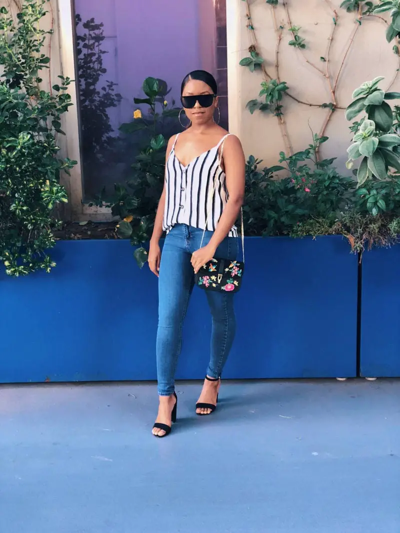 Striped Camisole with Skinny Jeans and Strappy Heels Striped Camisole with Skinny Jeans and Strappy Heels — Simple Dinner Outfits