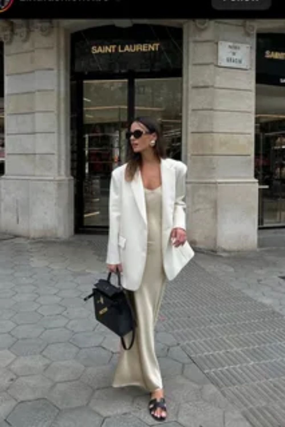 Beige Satin Slip Dress with an Oversized White Blazer Beige Satin Slip Dress with an Oversized White Blazer — Simple Dinner Outfits