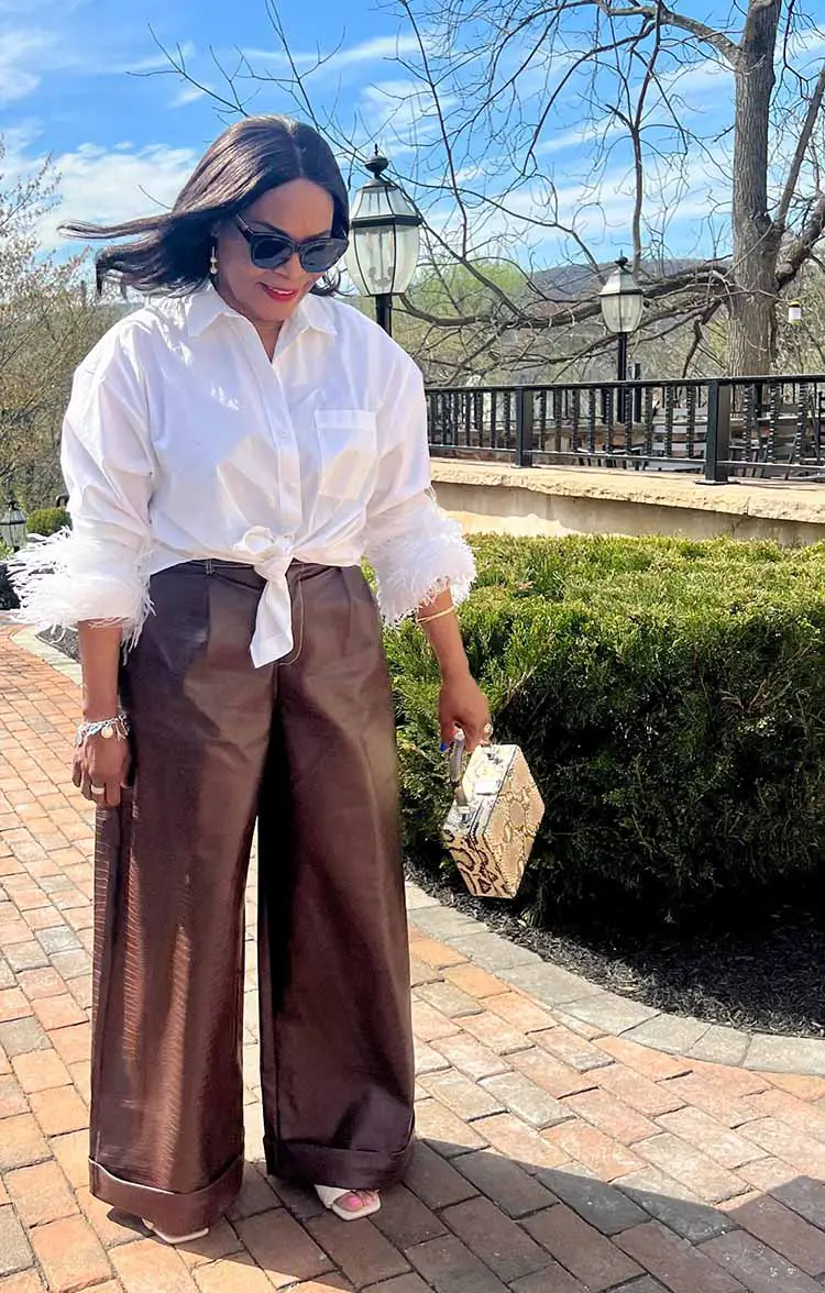 White Button-Down Shirt with Faux Leather Trousers White Button-Down Shirt with Faux Leather Trousers — Simple Dinner Outfits