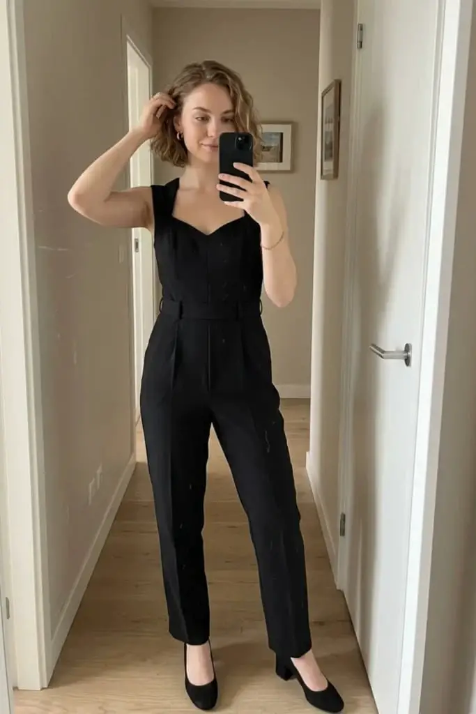 Black Wide Leg Jumpsuit with Sweetheart Neckline — Simple Dinner Outfits Classy