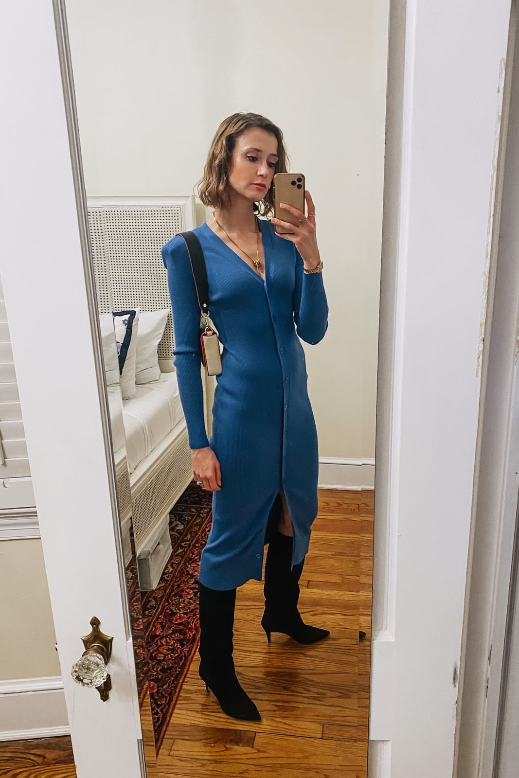 Blue Knit Midi Dress with Button Front — Simple Dinner Outfits Classy