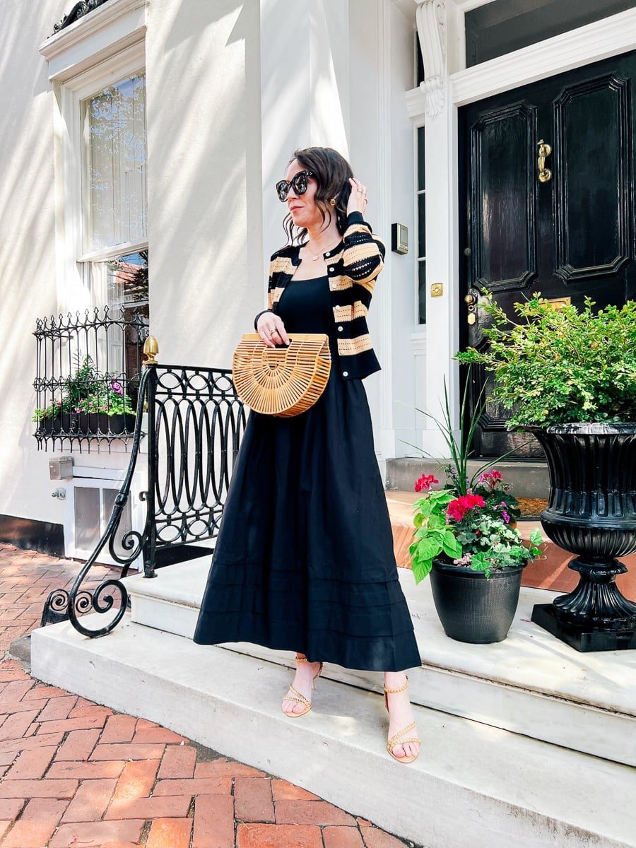 Black Midi Dress with Striped Cardigan — Simple Dinner Outfits Classy