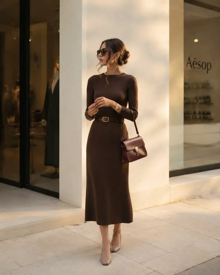 Ribbed Knit Midi Dress with Belt — Simple Dinner Outfits Classy