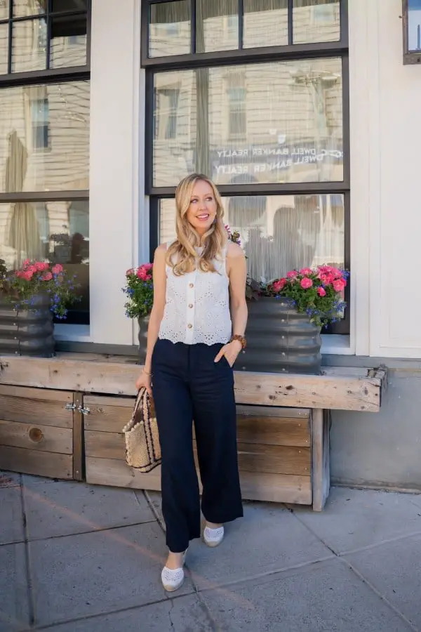White Eyelet Top with Navy Wide Leg Linen Trousers — Simple Dinner Outfits Classy