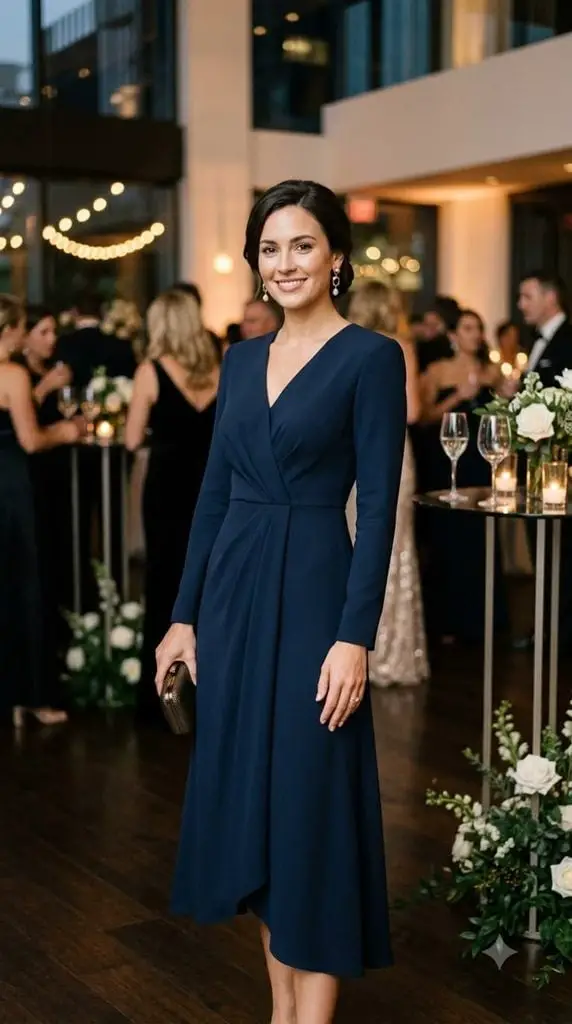 Navy Wrap Dress with Pleated Skirt Detail — Simple Dinner Outfits Classy