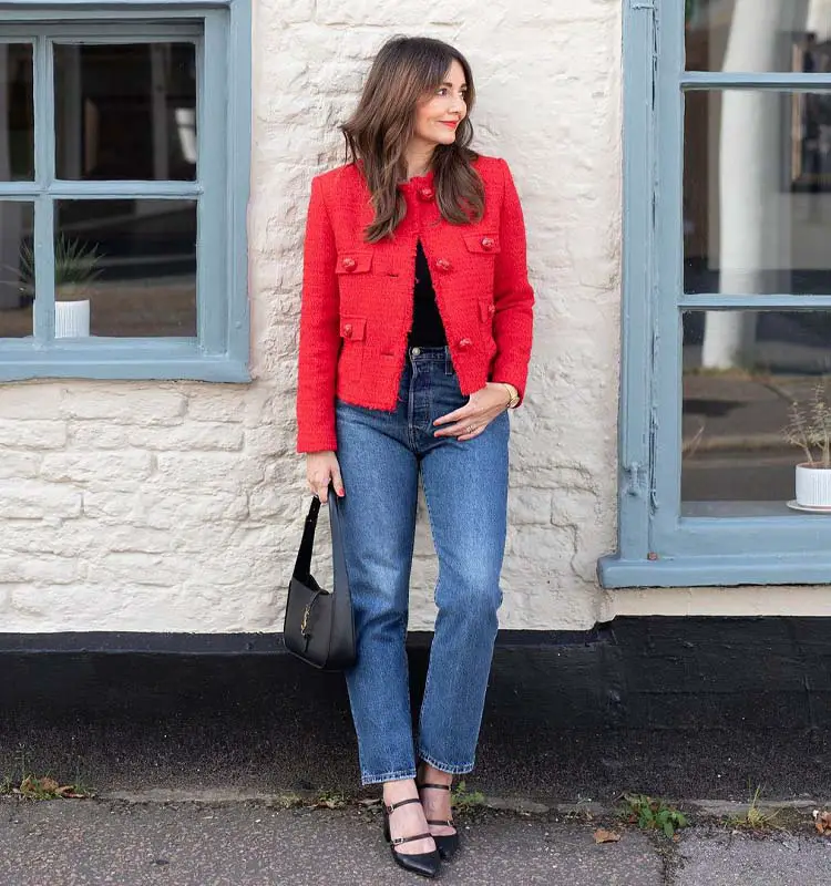 Red Cropped Jacket with Blue Jeans for Dinner — Simple Dinner Outfits Night