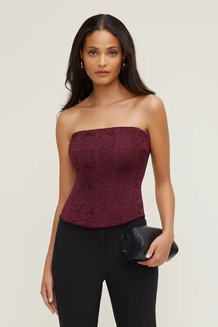 Burgundy Lace Top with Black Trousers for Dinner, Close-Up Take — Simple Dinner Outfits Night