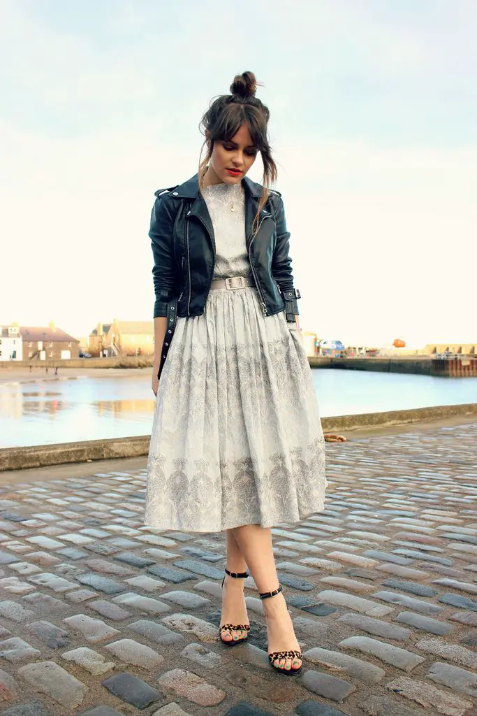 Leather Jacket Over Brocade Dress for Dinner With Strappy High Heels — Simple Dinner Outfits Night