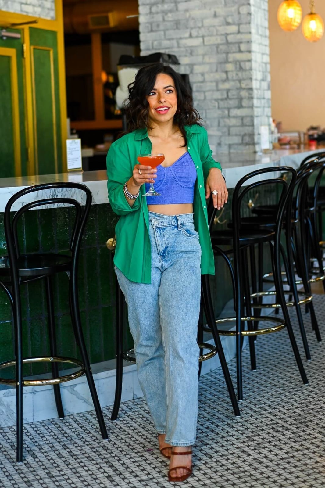 Green Button-Down Shirt with Bralette and Jeans, Close-Up Take — Simple Dinner Outfits Night