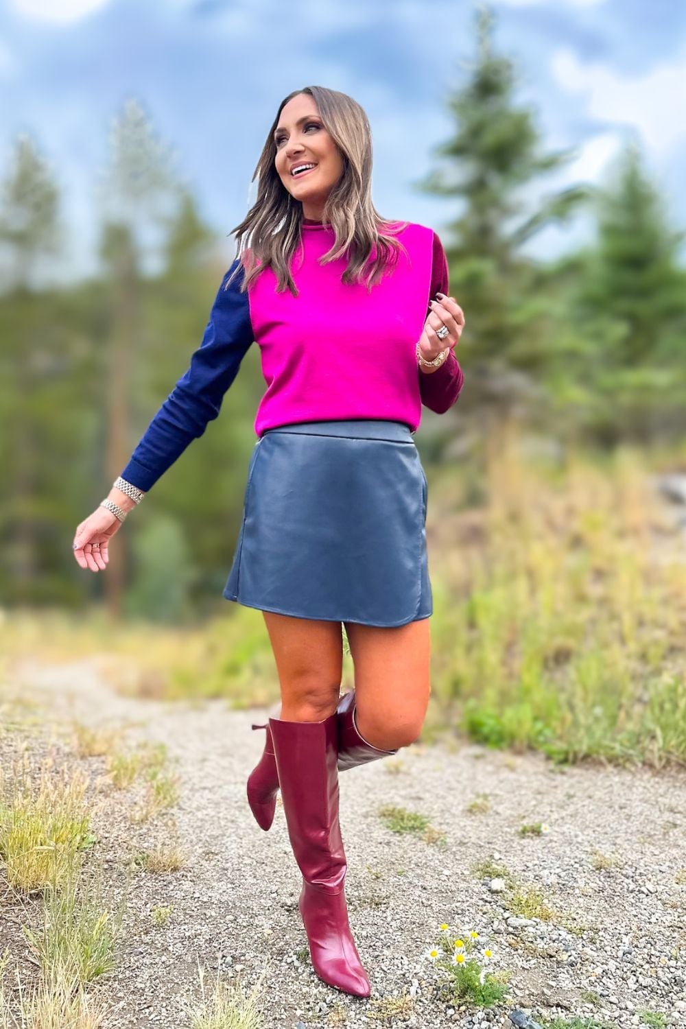 Color Block Sweater with Leather Skirt for Dinner — Simple Dinner Outfits Night