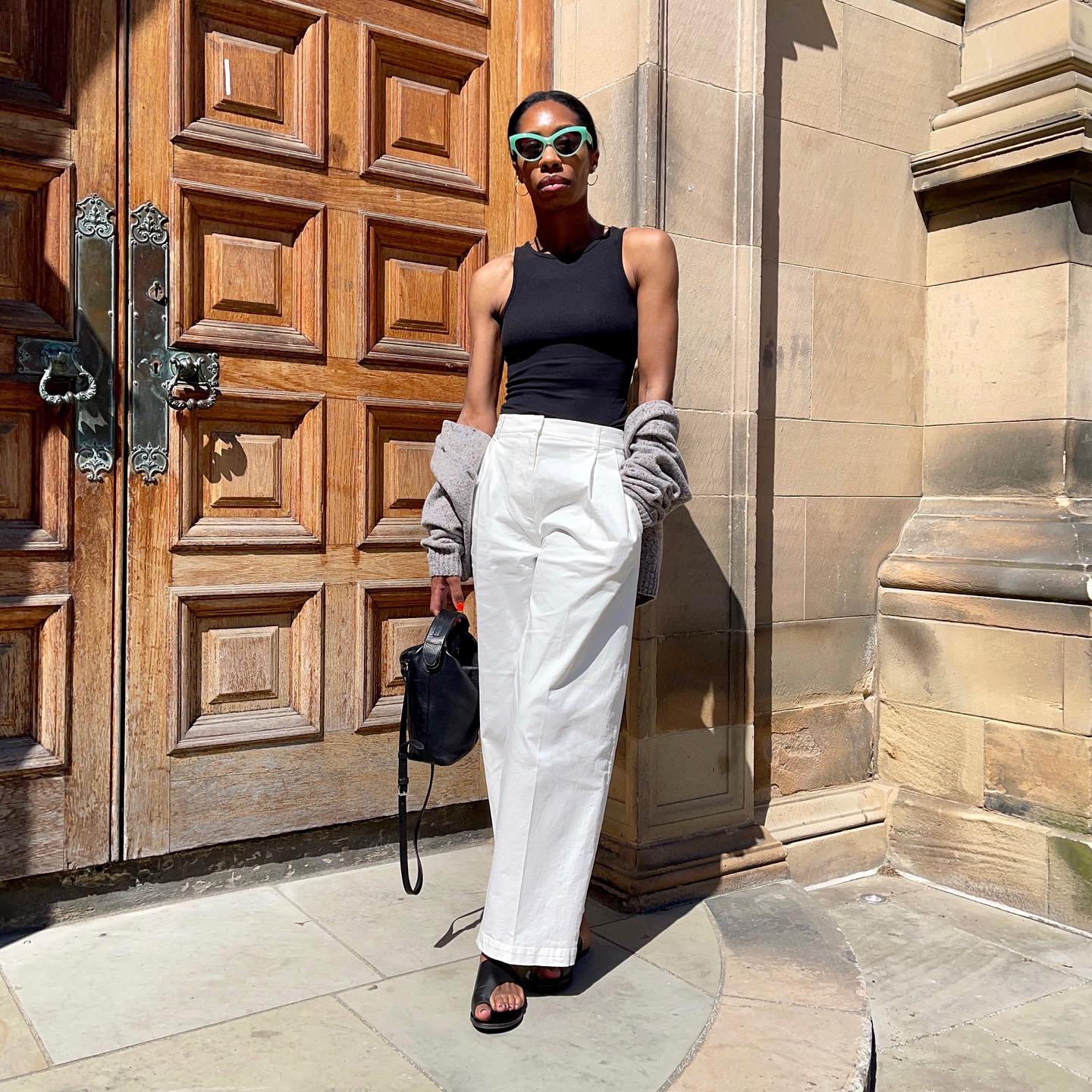 White Wide-Leg Trousers with a Gray Cardigan for Dinner — Simple Dinner Outfits Night