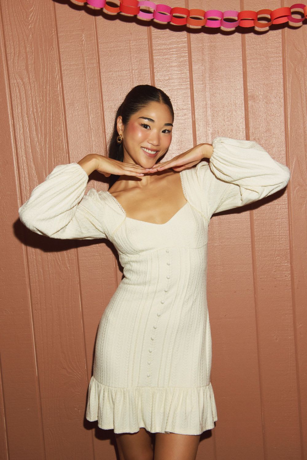 Cream Textured Knit Mini Dress with Puff Sleeves Cream Textured Knit Mini Dress with Puff Sleeves — Simple Dinner Party Outfits