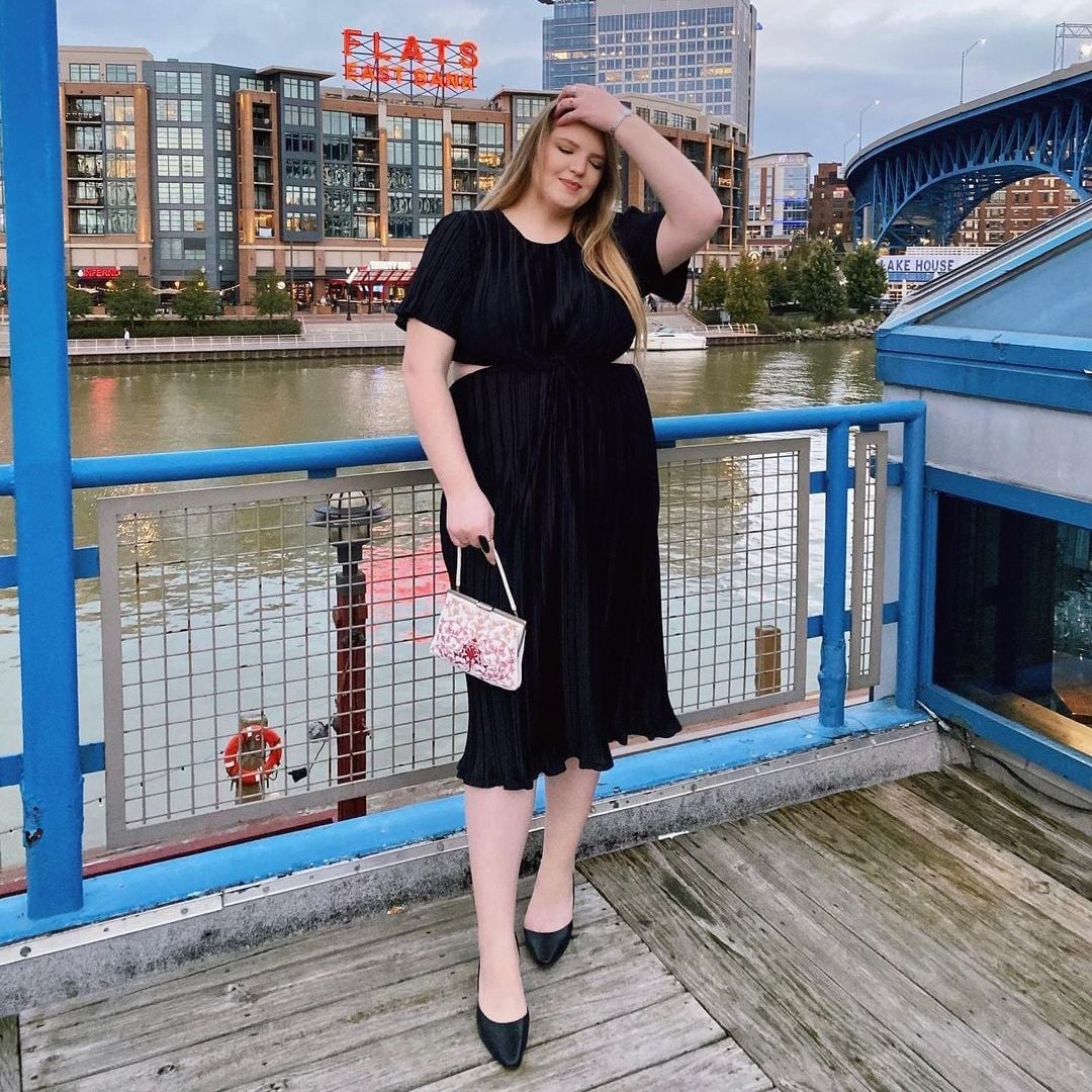 Black Pleated Midi Dress with Waist Cut-Outs Black Pleated Midi Dress with Waist Cut-Outs — Simple Dinner Party Outfits