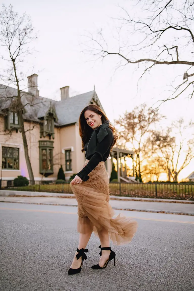 A Camel Tulle Skirt with a Cropped Jacket A Camel Tulle Skirt with a Cropped Jacket — Simple Dinner Party Outfits