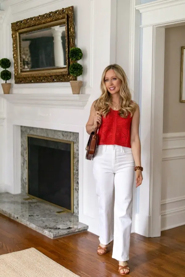 Red Crochet Tank Top with White Wide-Leg Jeans Red Crochet Tank Top with White Wide-Leg Jeans — Simple Dinner Party Outfits