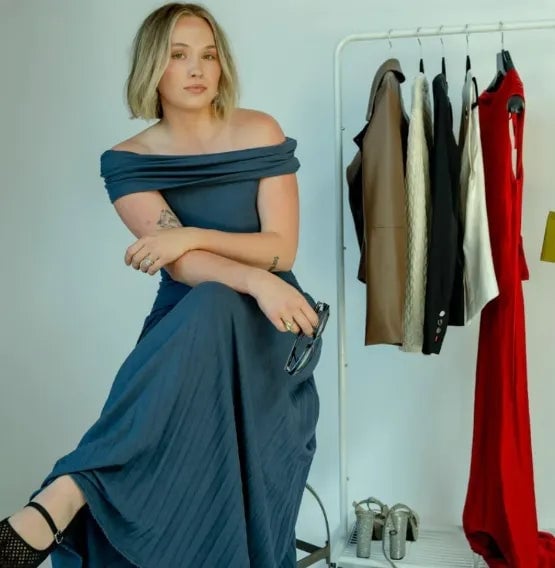 Dusty Blue Off-The-Shoulder Chiffon Maxi Dress Dusty Blue Off-The-Shoulder Chiffon Maxi Dress — Simple Dinner Party Outfits