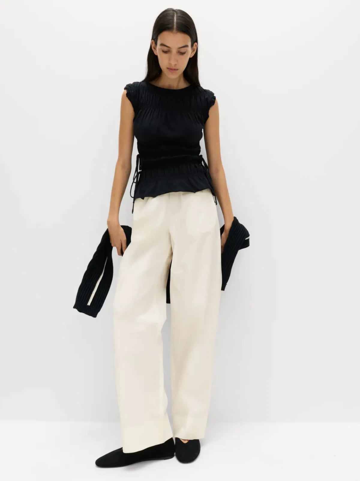 Cream Wide-Leg Trousers with a Black Smocked Top Cream Wide-Leg Trousers with a Black Smocked Top — Simple Dinner Party Outfits