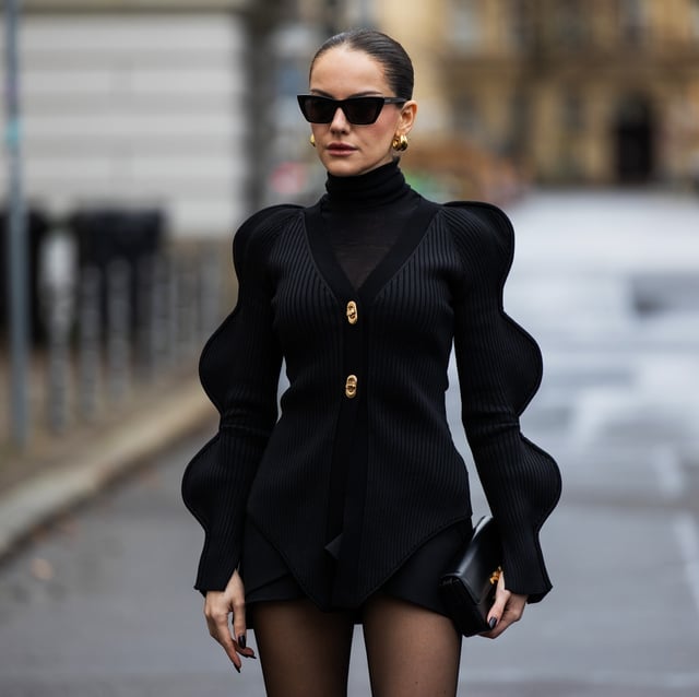 Black Knit Jacket with Puffed Sleeves and Mini Skirt Black Knit Jacket with Puffed Sleeves and Mini Skirt — Simple Dinner Party Outfits
