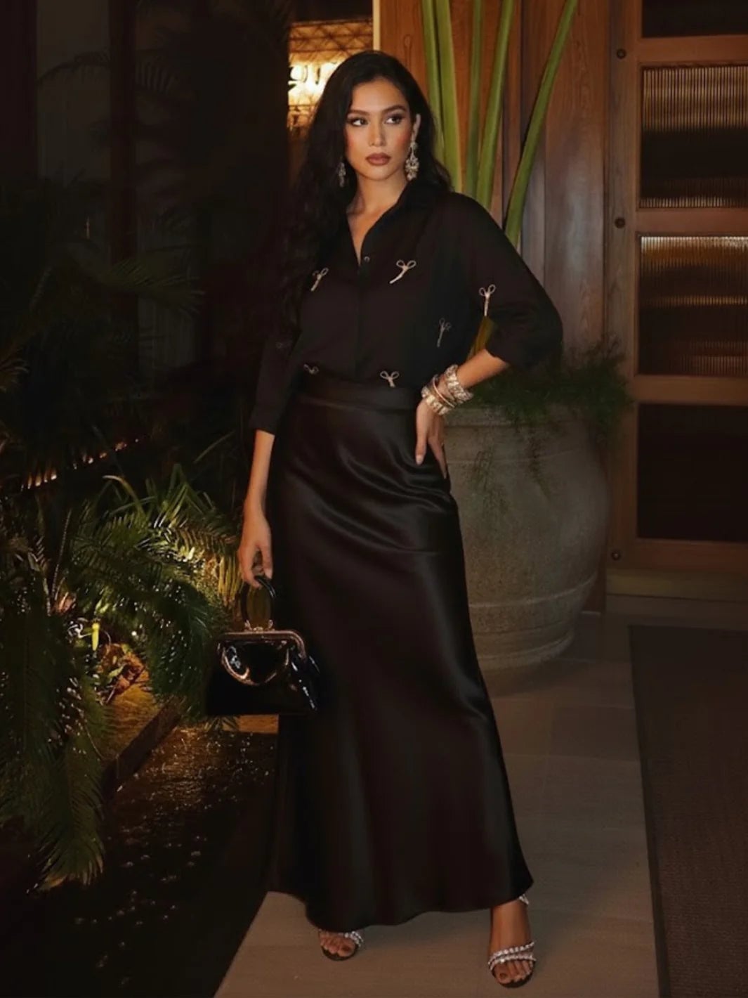 A Black Satin Maxi Skirt with an Embellished Shirt A Black Satin Maxi Skirt with an Embellished Shirt — Simple Dinner Party Outfits