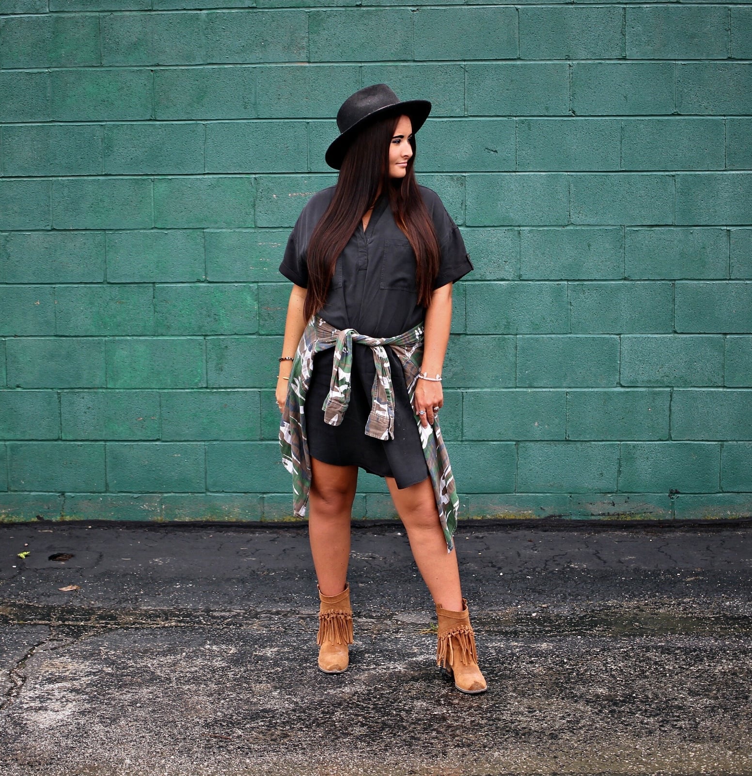 Dark Gray Shirtdress With Tan Fringe Ankle Boots Dark Gray Shirtdress With Tan Fringe Ankle Boots — Simple Dress and Boots