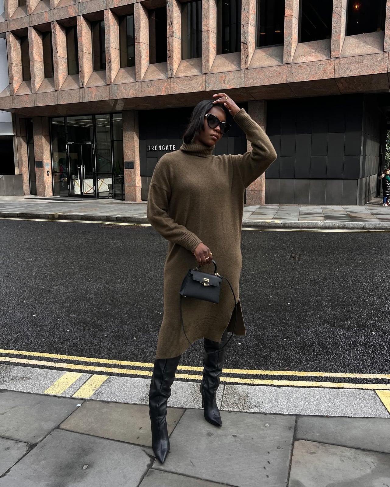 Olive Green Knit Dress With Black Pointed Toe Boots Olive Green Knit Dress With Black Pointed Toe Boots — Simple Dress and Boots