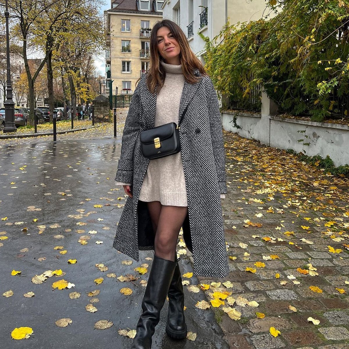 Beige Knit Dress Under Gray Coat With Black Knee High Boots Beige Knit Dress Under Gray Coat With Black Knee High Boots — Simple Dress and Boots