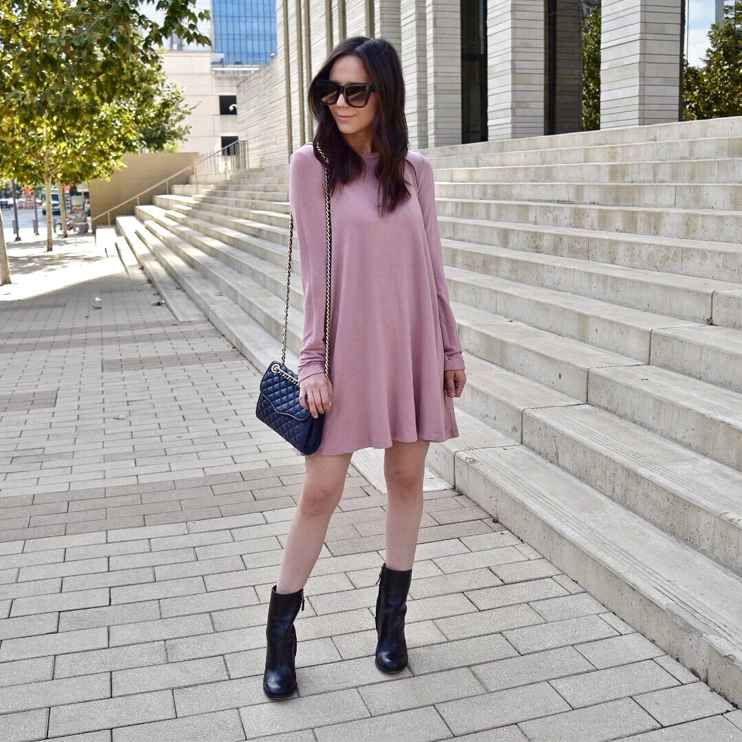 Pink Swing Dress With Black Ankle Boots Pink Swing Dress With Black Ankle Boots — Simple Dress and Boots