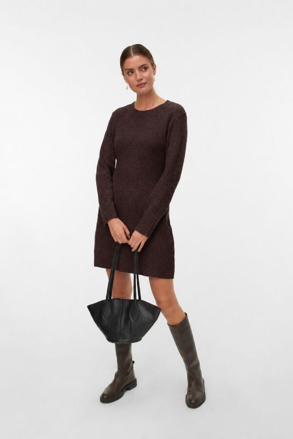 Brown Knit Mini Dress With Dark Brown Knee High Boots Brown Knit Mini Dress With Dark Brown Knee High Boots — Simple Dress and Boots