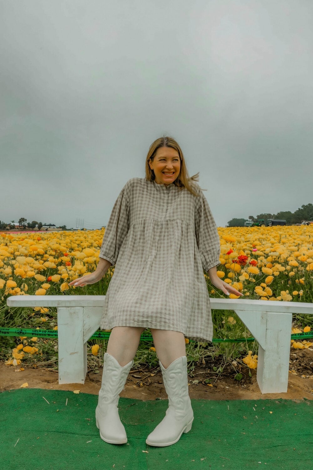 Gingham Smock Dress With White Cowboy Boots Gingham Smock Dress With White Cowboy Boots — Simple Dress and Boots