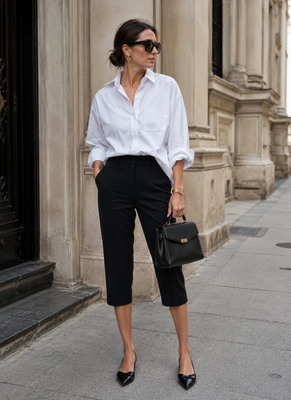 Black Cropped Pants with White Button-Down Shirt — Simple Dress Pants Outfit Women