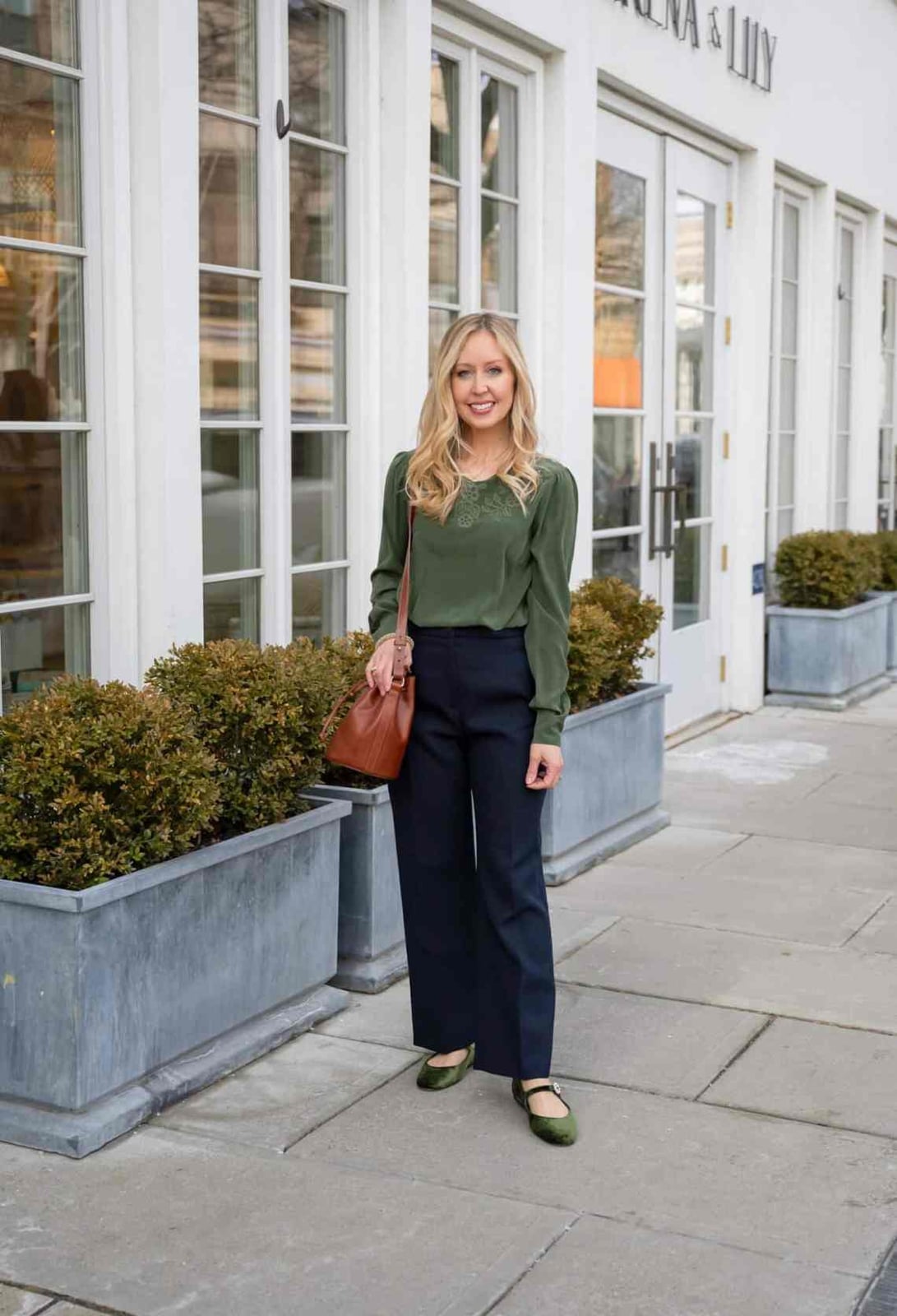 Navy Wide-Leg Pants with Green Lace Blouse — Simple Dress Pants Outfit Women