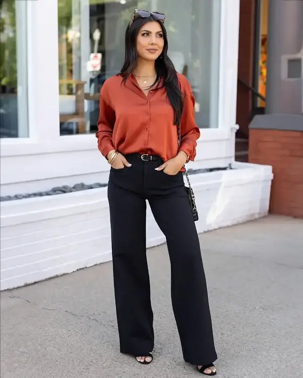 Black Wide-Leg Pants with Rust Satin Shirt — Simple Dress Pants Outfit Women