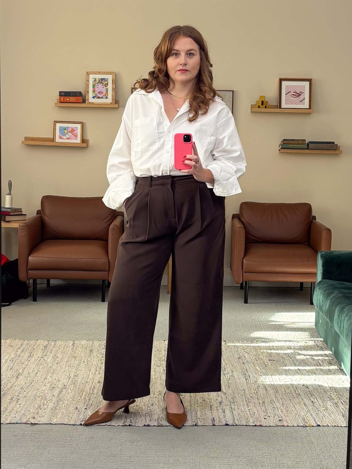 Brown Wide-Leg Pants with Oversized White Shirt — Simple Dress Pants Outfit Women