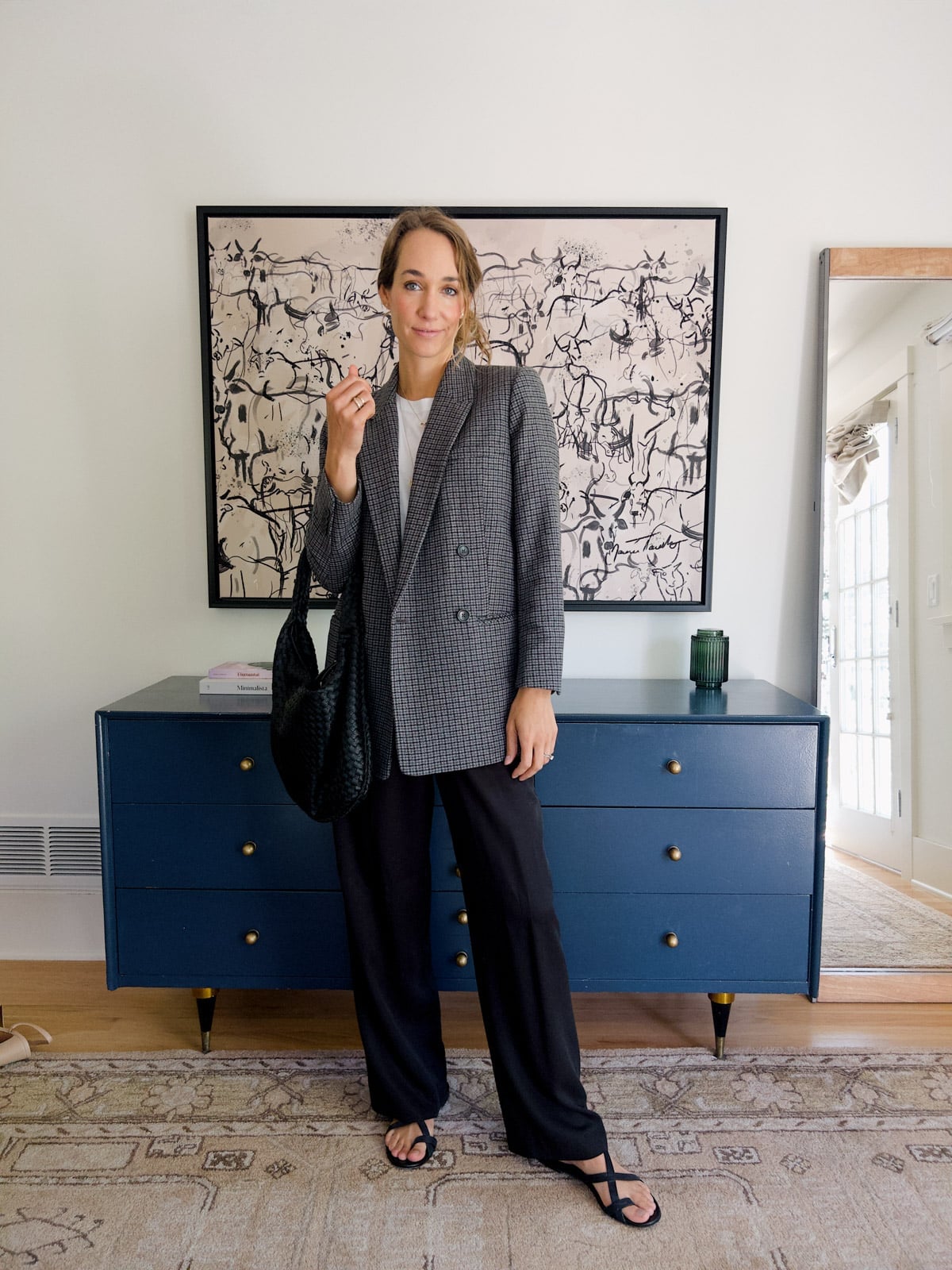 Black Wide-Leg Trousers with Checked Blazer — Simple Dress Pants Outfit Women