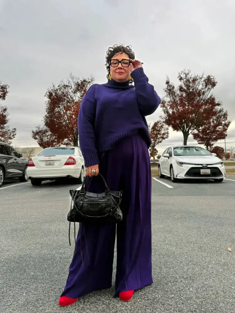 Purple Pleated Satin Pants with Turtleneck and Oversized Sweater — Simple Dress Pants Outfit Women