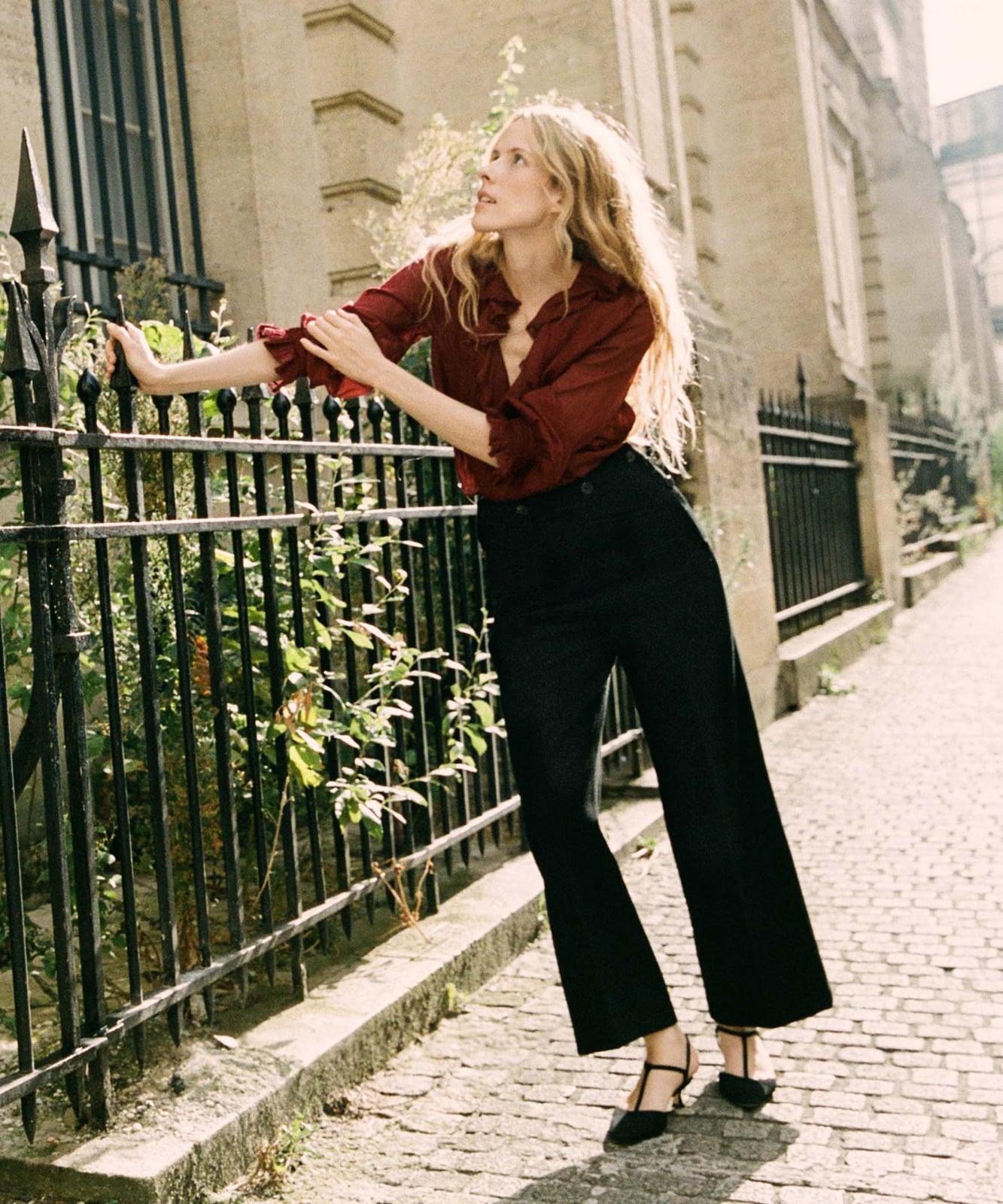 Black Wide-Leg Pants with Red Blouse, Close-Up Take — Simple Dress Pants Outfit Women