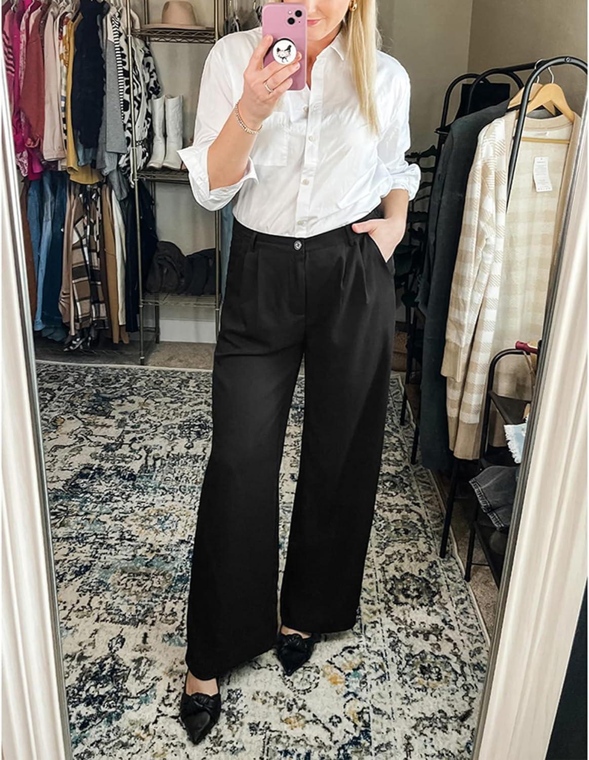 Black Wide-Leg Pants with Pleated Front and White Button-Down Shirt — Simple Dress Pants Outfit Women