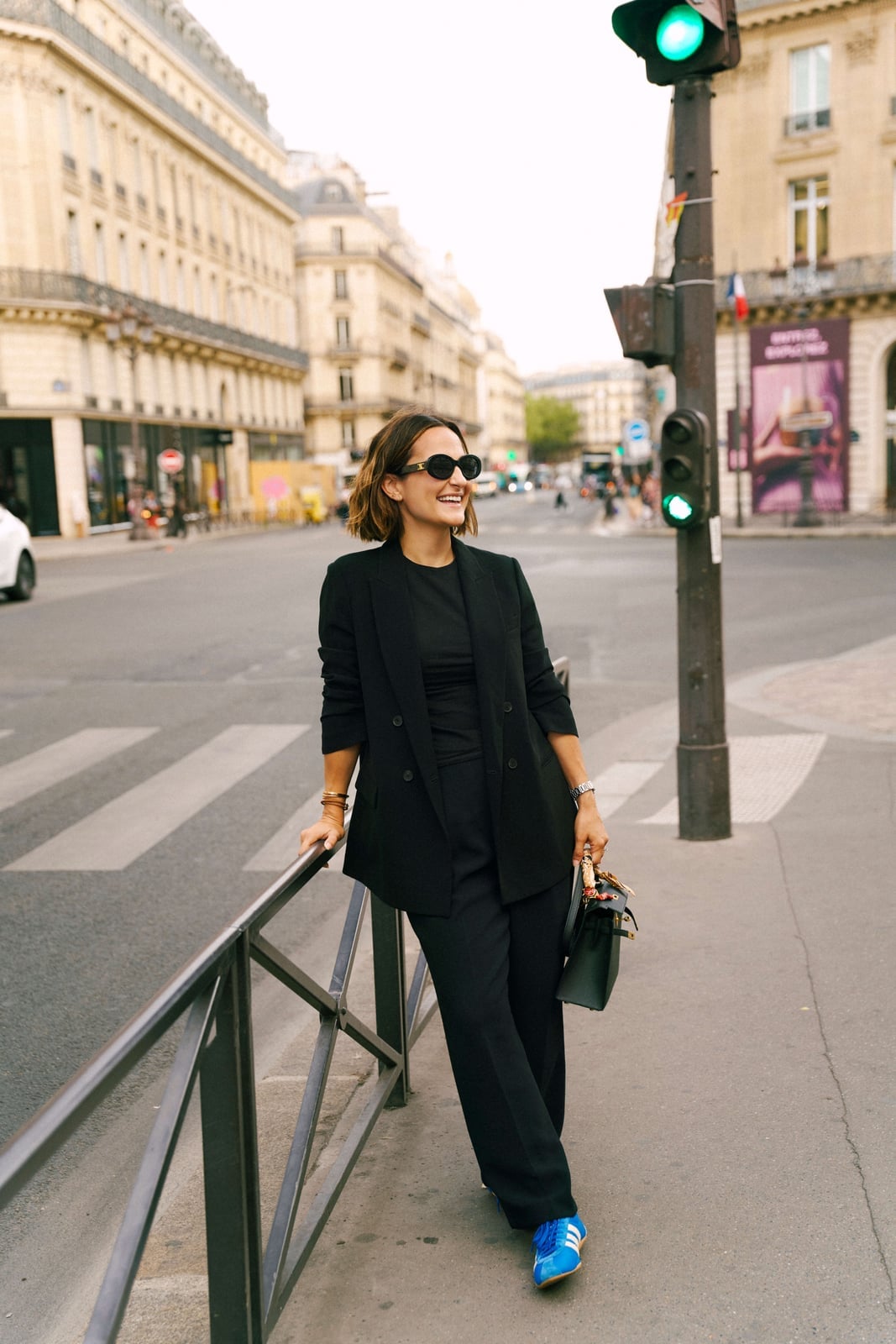Black Wide-Leg Trousers with Blue Sneakers — Simple Dress Pants Outfit Women