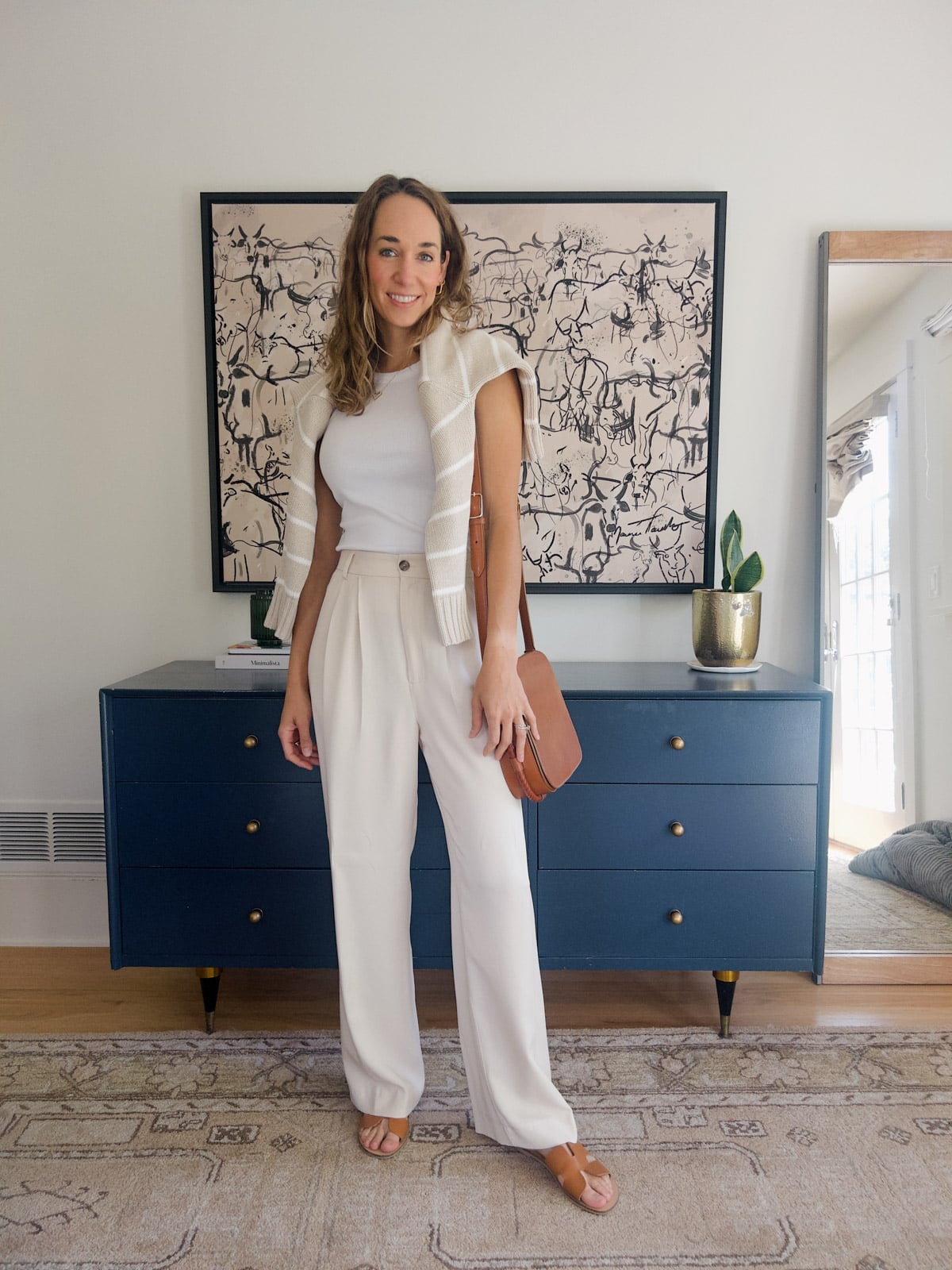 Cream Wide-Leg Pants with Knit Sweater — Simple Dress Pants Outfit Women