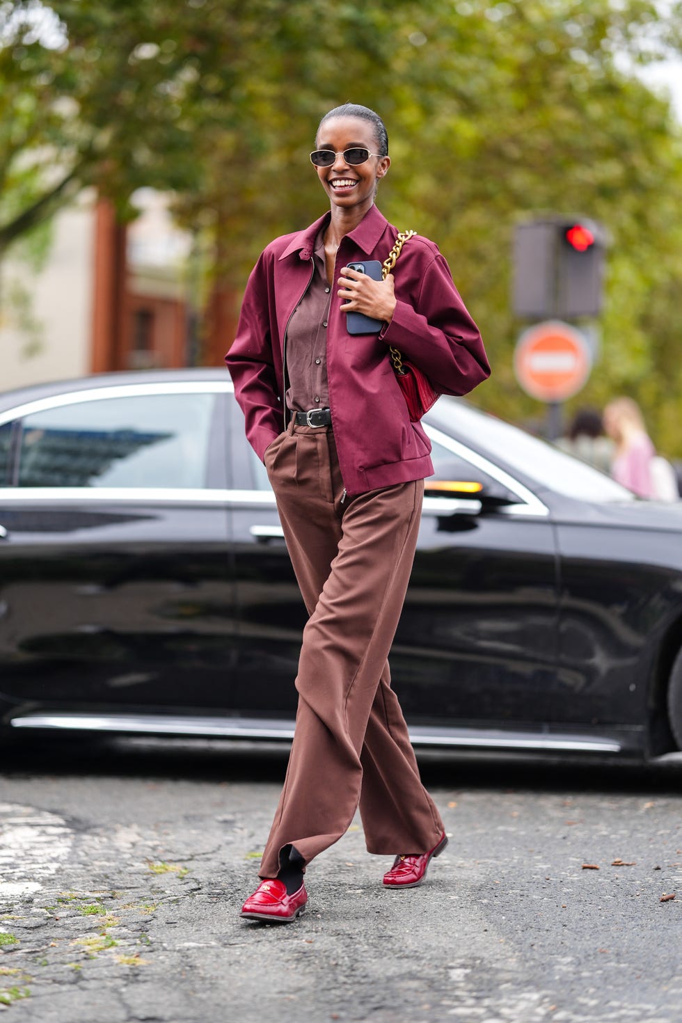 Brown Wide-Leg Pants with Bomber Jacket — Simple Dress Pants Outfit Women