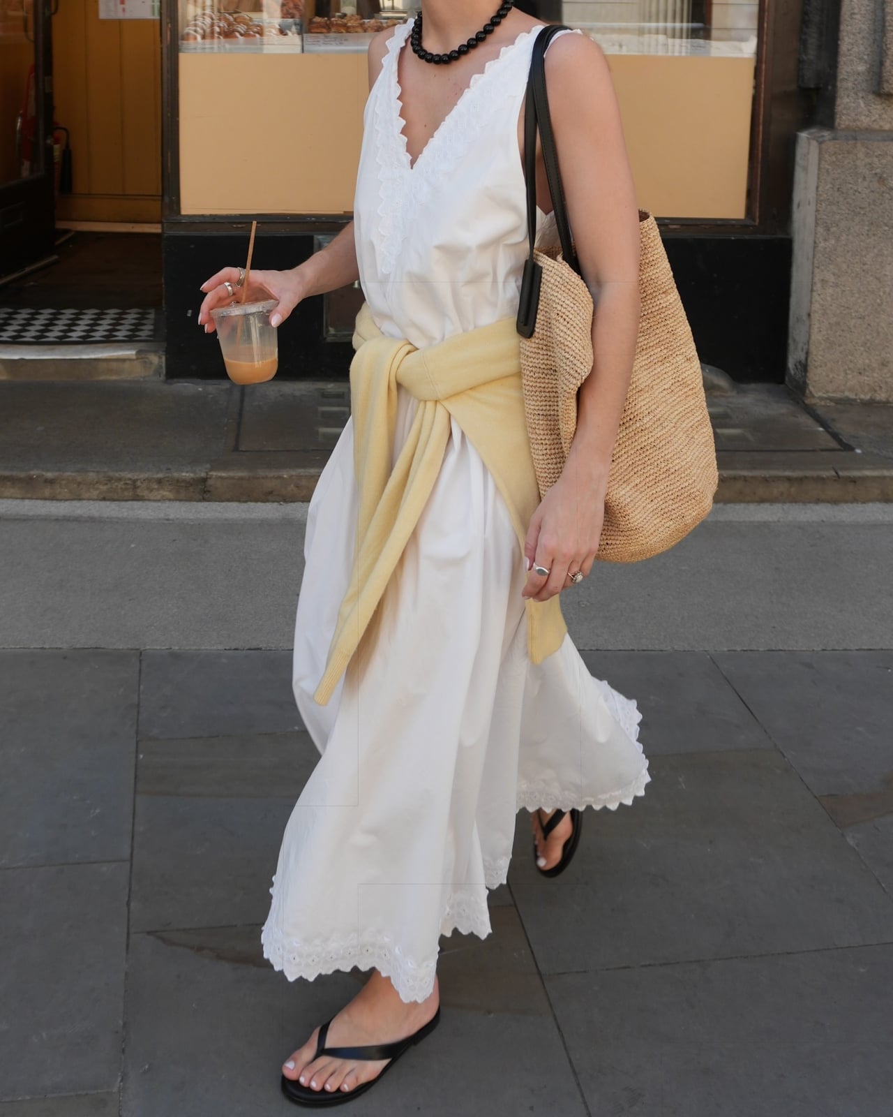 White Lace-Trimmed Maxi Dress with Sweater White Lace-Trimmed Maxi Dress with Sweater — Simple Dress Up Day Ideas