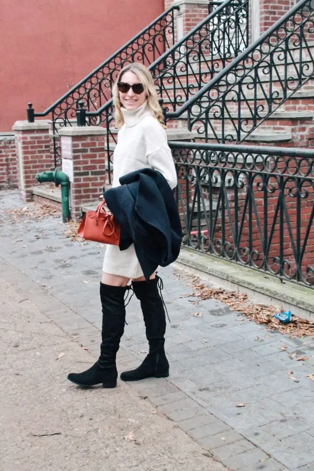 Cream Sweater Dress With Navy Coat and Over-the-Knee Boots Cream Sweater Dress With Navy Coat and Over-the-Knee Boots — Simple Dresses and Boots Outfit