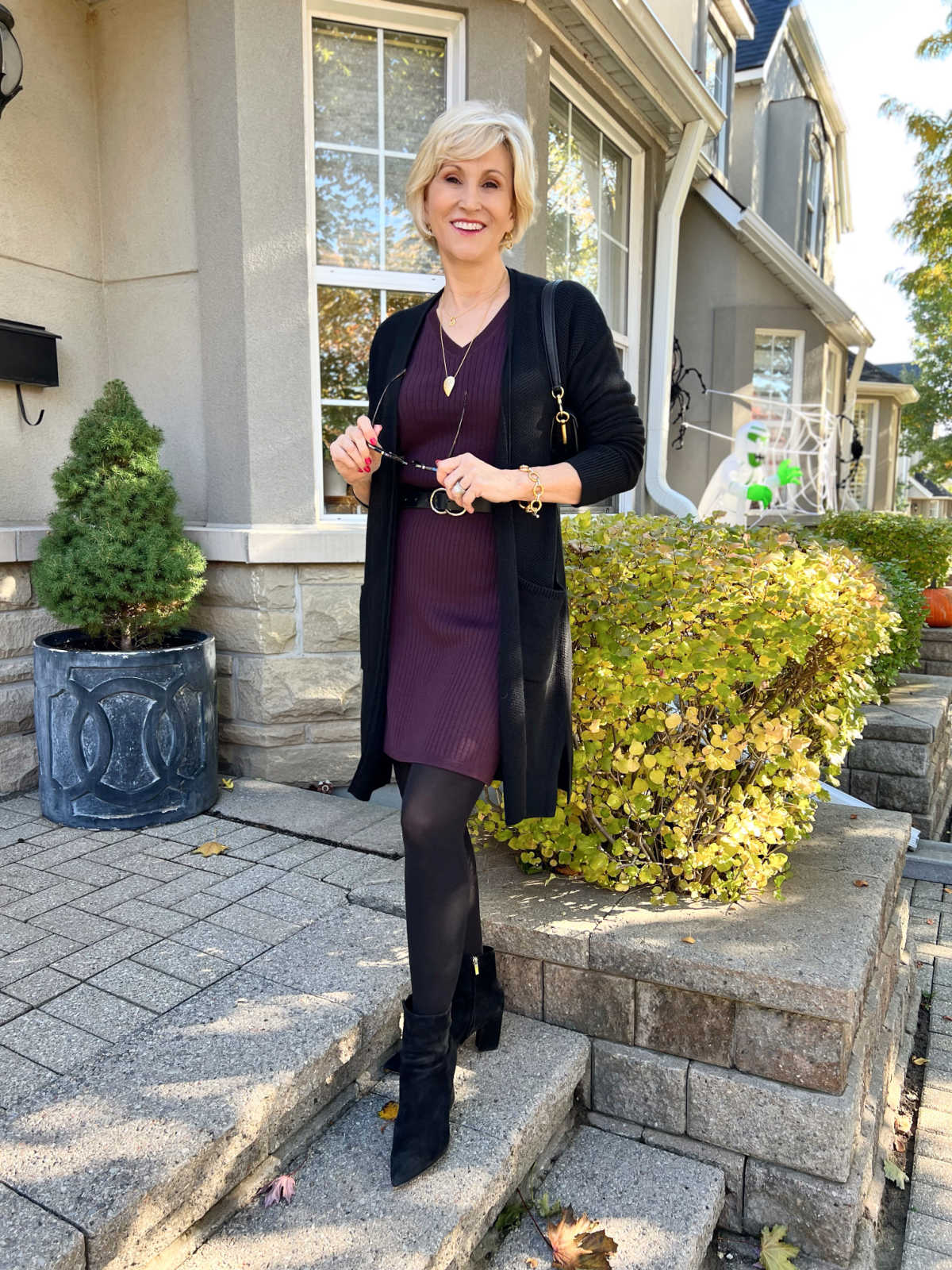 Purple Knit Dress With Black Cardigan and Ankle Boots Purple Knit Dress With Black Cardigan and Ankle Boots — Simple Dresses and Boots Outfit