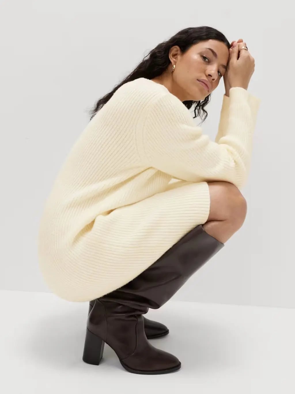 Cream Oversized Knit Dress With Block Heel Boots Cream Oversized Knit Dress With Block Heel Boots — Simple Dresses and Boots Outfit