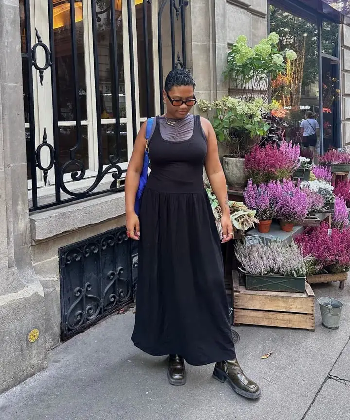 Black Maxi Dress Over Ribbed Tank With Lug Sole Boots Black Maxi Dress Over Ribbed Tank With Lug Sole Boots — Simple Dresses and Boots Outfit