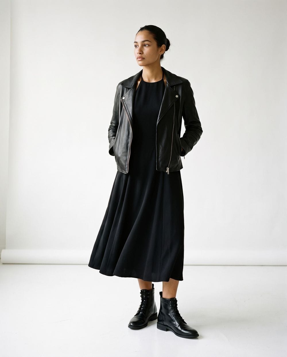 Black Midi Dress With Leather Jacket and Ankle Boots Black Midi Dress With Leather Jacket and Ankle Boots — Simple Dresses and Boots Outfit